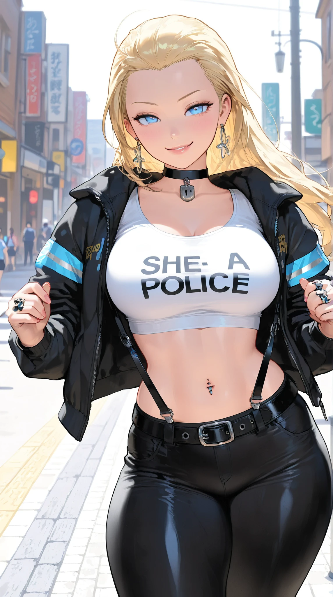 Tabletop, best qualiThailand, highly detaileded, Cowboy Shot, Portraiture, text "Don&#39;t cross"
Harem, police woman, large chest, , White jacket, (Belt bra:1.2),(Caution Tape:1.3), Deep Skin, Skin Dentition, 
BREAK
ciThailand, alley, red_and_green_Light, (police_car:1.2), siren, lover_scene, night, Dark Theme,  Thailand), (cloud), addition_detailed:1, Hair above the eyes, Hair on one eye, huge , , Hyper Max Size_chest!! with the Thailandpe of boobs_melon, Wide Hips, hugeなお尻, Thick legs,
