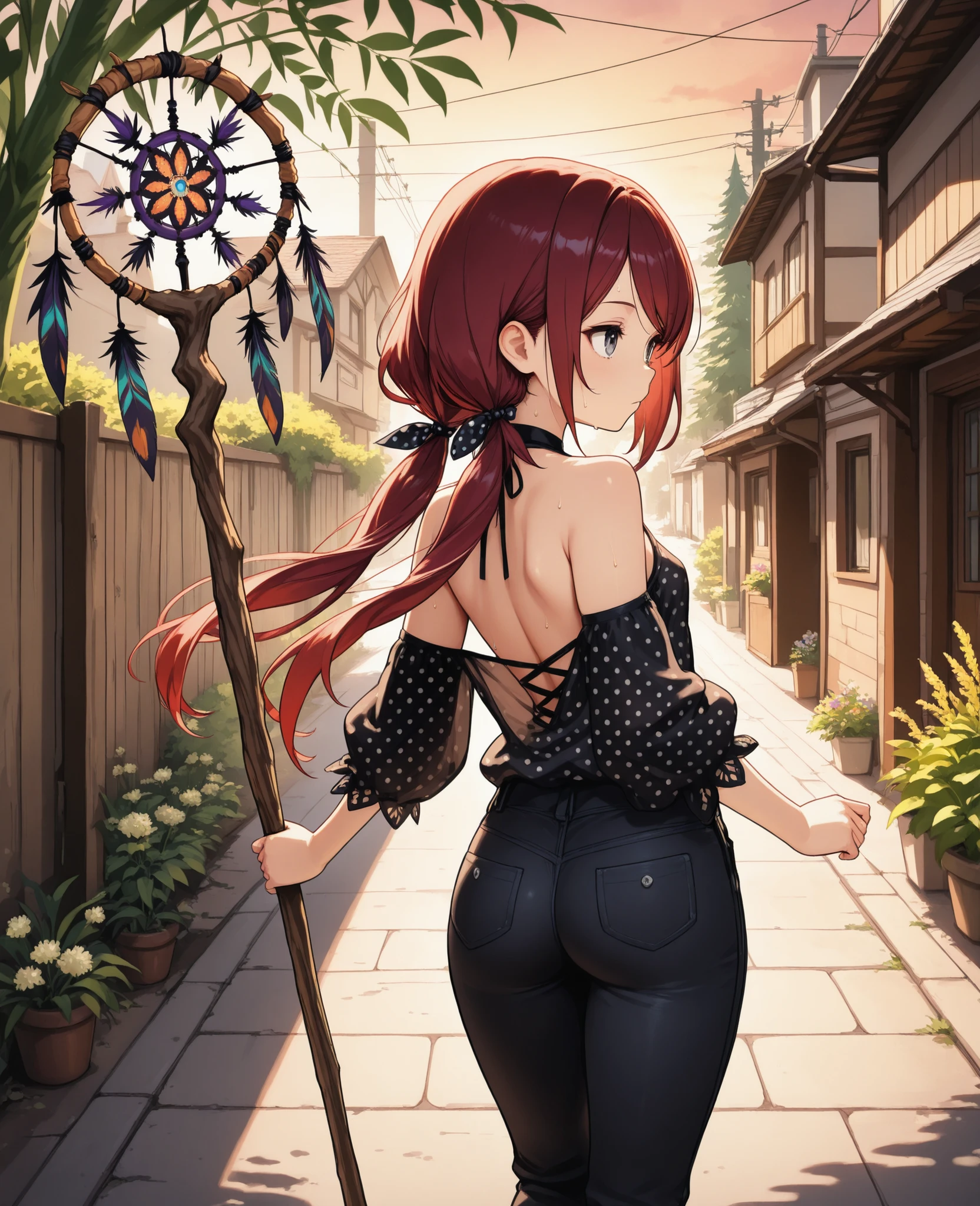 (masterpiece:1.2, Best Quality), (finely detailed beautiful eye: 1.2), (beautiful detailed face), from behind, back shot, sweat, close up, expressionless, backless sleeveless halter neck shirt, black shirt, polka dot shirt, baggy shirt, black jeans, hair ribbons, polka dot ribbons, small breast, dark red hair, long low twin tails, long hair, hair ribbons,gray eyes, swept bangs, sidewalk, town buildings, powerlines, street, tall weeds, flowers, looking away, holding wooden staff, feathers on staff, dreamcatcher on staff, shade, dusk, willow tree branches, swamp. drizzle, puddles,