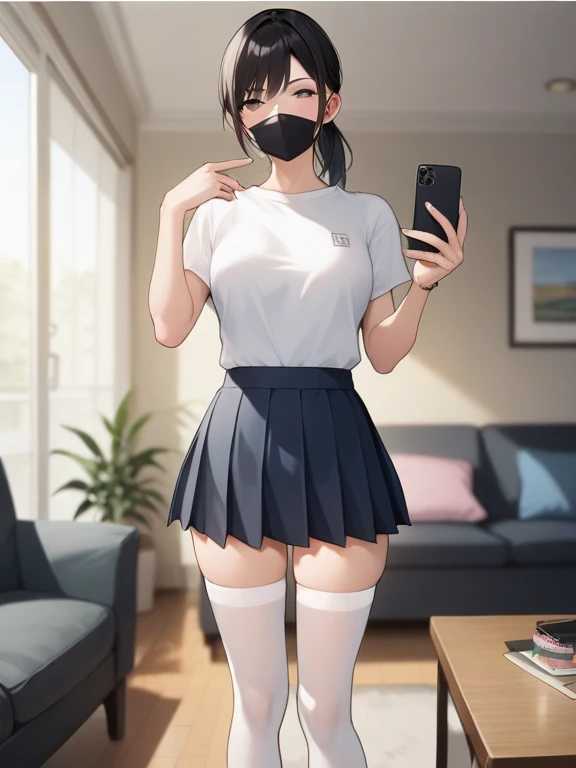 woman in a skirt and bra posing for a photograph, 22 years old, hips and skirt, camera looking from below, girl in tights, in a gray skirt, touching her breasts with her hands, holding her breasts, anime, illustration, girl in a pink bikini posing for a selfie, Sexy image on camera, young and cute girl, sexy hot body, sexy pose, sultry and alluring, in a pink bra, against the background of a yellow wall, black hair , evening makeup, brown eyes, lighting behind