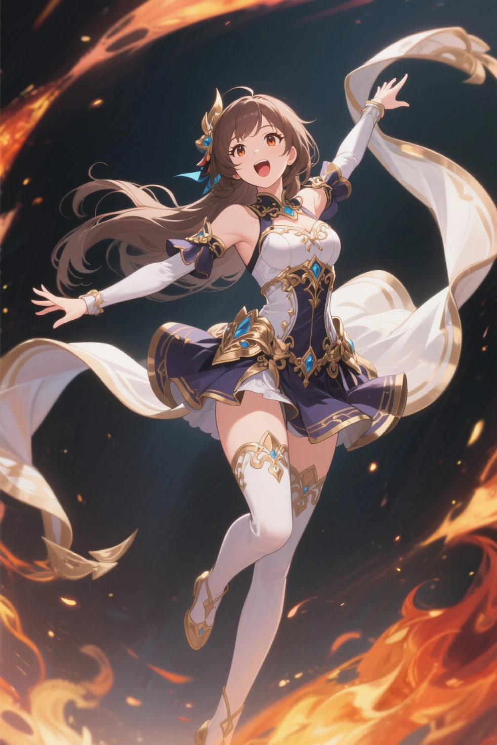 (((1girl))), ((best quality)), ((masterpiece)), ((ultra-detailed)), (illustration), (detailed light), (an extremely delicate and beautiful), (beautiful detailed eyes), (sunlight), ((extremely light)), ((extremely clothes)), (((hyper detail))),(((((front lighting))))),(((((front light))))),
((((quite adorable Wizard's Greige uniform with a brief skirt and magical hairband)))), (((Expert Warock))),
,
(((wavy long hair))), ((((dark brown hair)))), (((long hair))),
(((dark orange eyes))),
((((whole body)))), aged 5 to 8, ((((())))), ((((very adorable girl)))),
((condescending expression)), ((mischievous smile with sexual satisfaction)), (((extra adorable))), (((((extra slender shape))))),
(((((extremely beautiful detailed face))))),
(((dynamically attacking enemies by a spell of Sparks))), (((elegant magic boots))),
(Dutch angle), (((elegant magic gloves))), ((transparent magical underskirt)), (a little bit exposed adorable Greige panties)