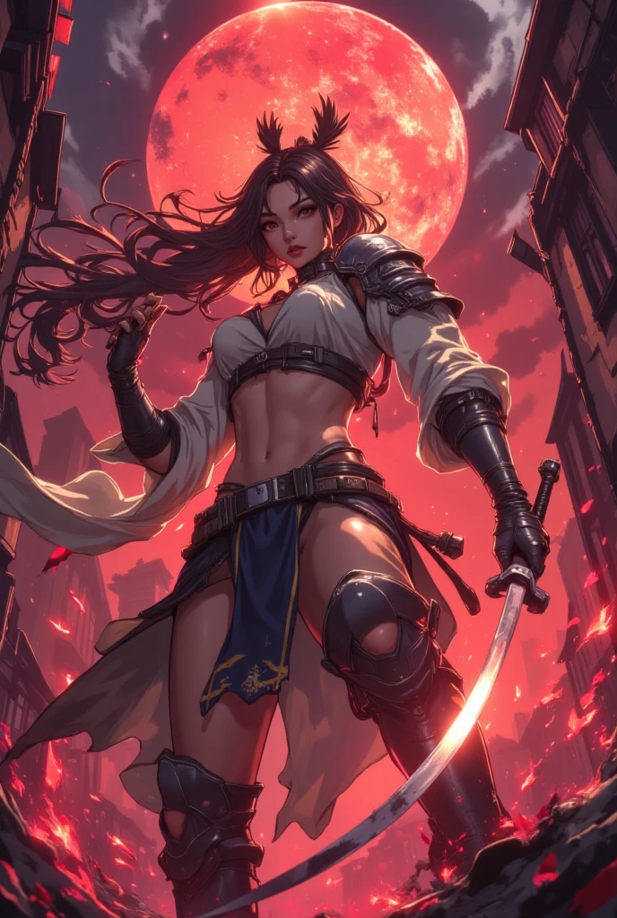 Nezuko Kamado, full body, grown-up, very hot, very sexy, naked, her hair tied in a long braid, standing on a battlefield with cloudy skies and fire in the background, the atmosphere is intense and epic, Illustration, digital art with dramatic shadows