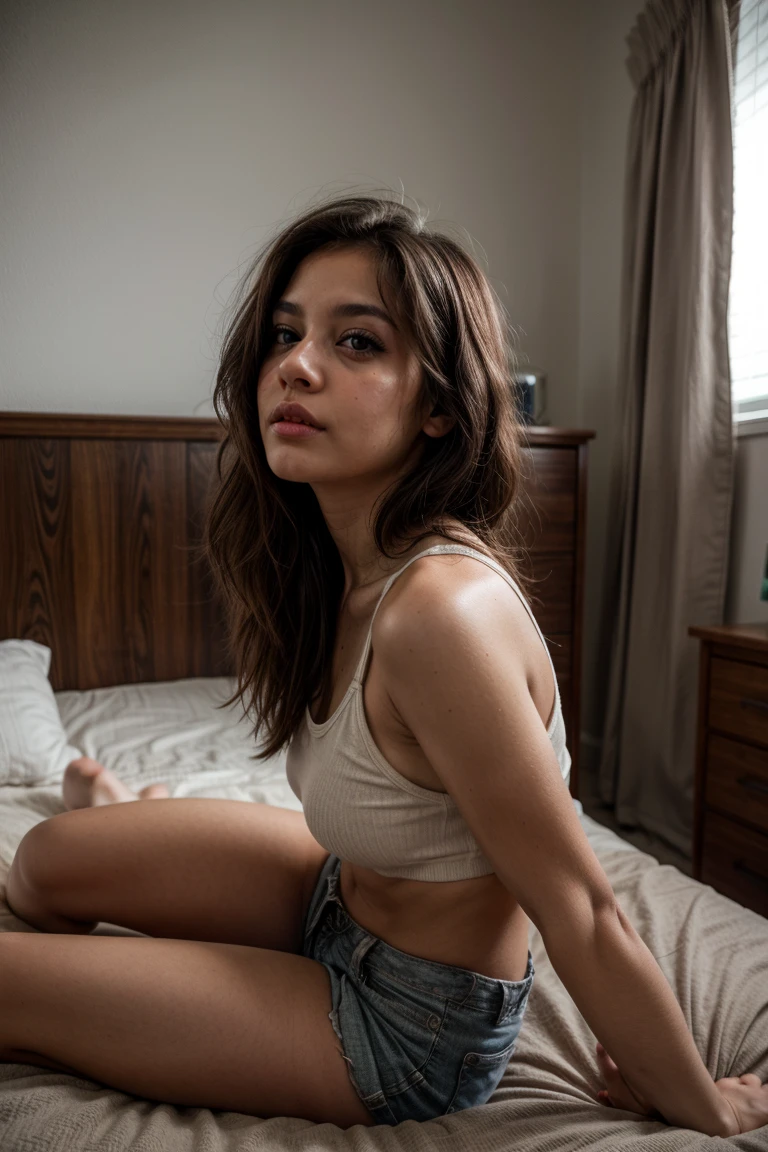 linda chica adolecente, en sofa, con shorts , posando sensualmente, con camisa top