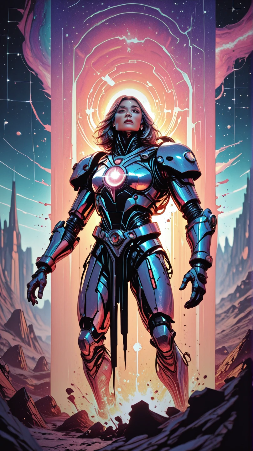 a female cyborg warrior , full body, 
wearing detailed robes cape
 cleavage,  hard edges
sci-fi, wires, circuits, 
(dynamic pose, color-field, conceptual, contemporary, digital, geometric, minimalism)
(  by Tristan Eaton  )
