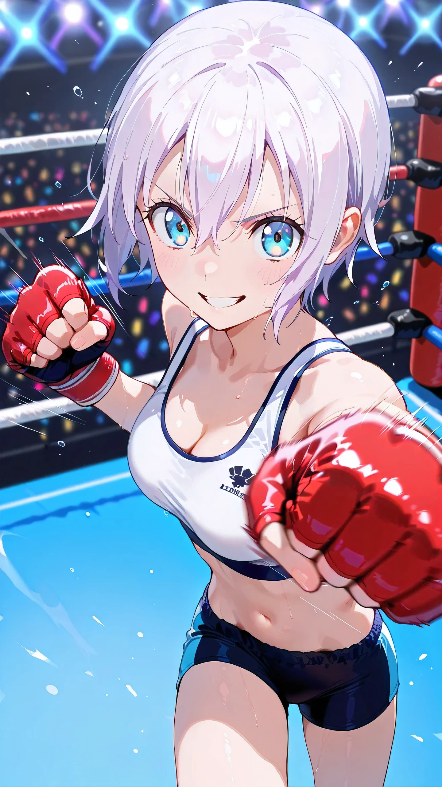 lisanna strauss, short hair, blue eyes, hair between eyes, white hair,, solo, Detailed eyes, white sports bra, black sports very short spats, white fingerless gloves, thigh, cleavage, slim long legs, medium breast, serious grin, looking at viewer, Detailed eyes, Detailed face, from side-above, portrait,

p4nch, punching, clenched hand, motion lines, motion blur,

boxing ring, spectator seats, (depth of field).