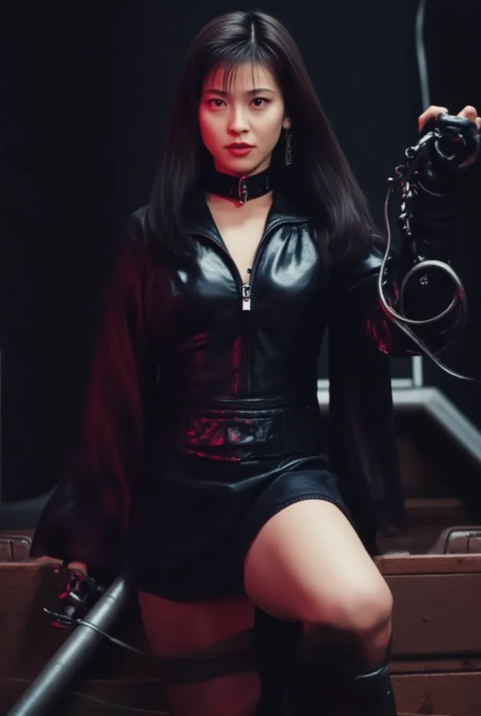 black long haired Asian woman with red pupils. pvc black clothing. leotard, red jacket, knee high boots. gothic theme, with neon lights. sinister character. in a cyberpunk setting