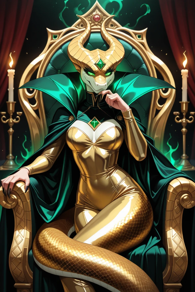 female, green eyes, green snakes on head, sexy body, beautiful face, black eyeliner, makeup, body focus, body, legs, Sits on the throne