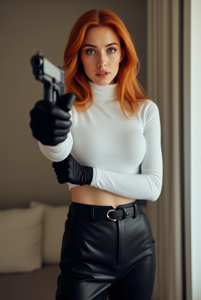 red hair Bettie Page with red hair, wearing military shirt and hat, black gloves and has eyepatch, pointing a gun in front of me,flirting with the camera, Brown long maxi-skirt(black long maxi-skirt:1.2