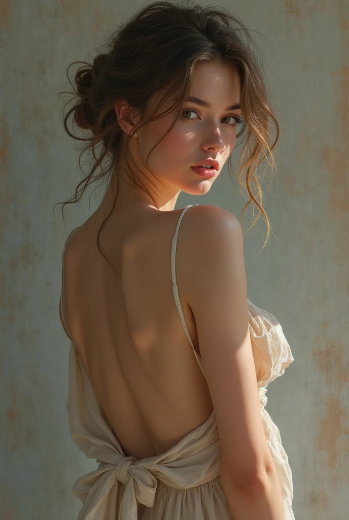 A NSFW neoclassical painting of a very beautiful goddess, Beautiful divine Greek warrior and sensual woman with brown hair and piercing grey eyes. She is looking back showing her beautiful ass. A view from behind her.