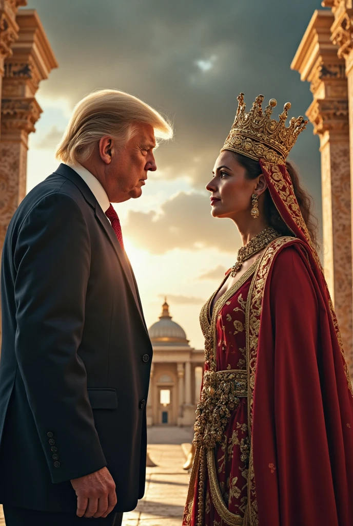 One Donald Trump blue eyes , one kamala Harris n green eyes, woman is açelya but human , man this Batu Han Ottoman king