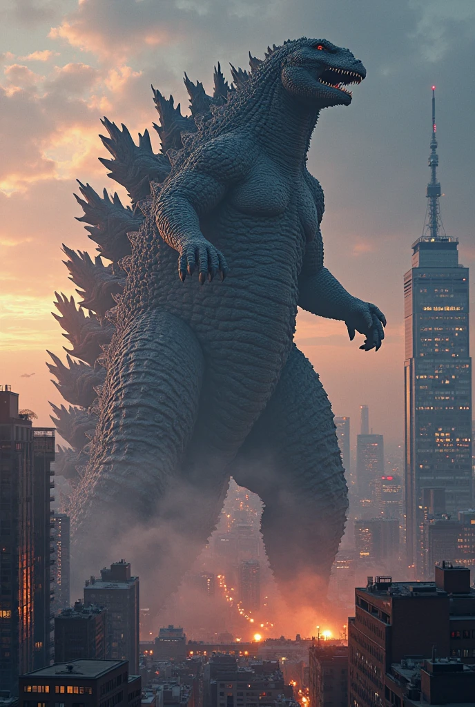 Highest Quality、natural light、Vivid Colors、shallow depth of field、realistic details、HDR effects 、evening、Godzilla bigger than a group of skyscrapers、masterpiece
