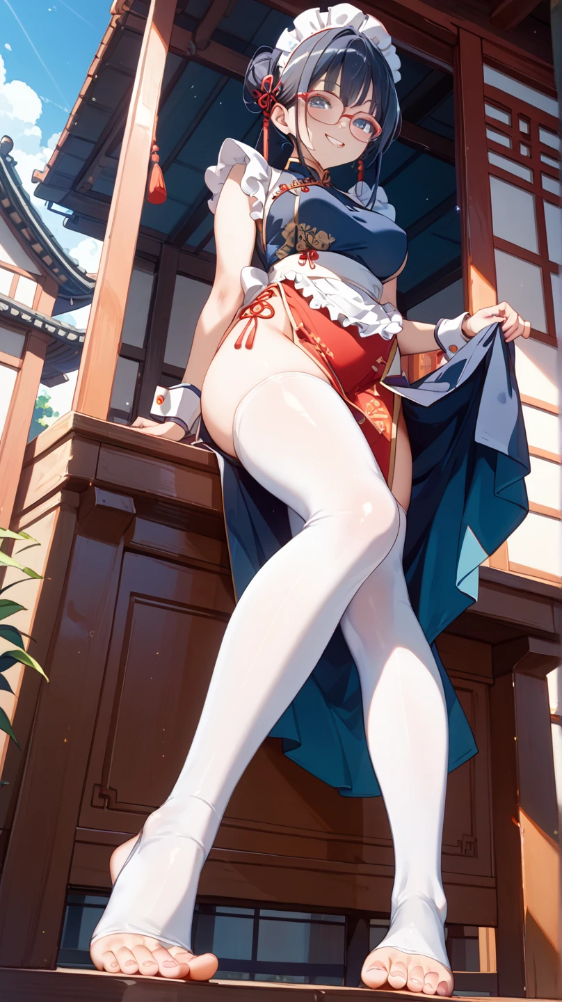 Bigboobs,White color hair,Stand up,Leakage out of the collarbone,Neck leakage,Cheongsam turquoise short skirt,Sexy dress