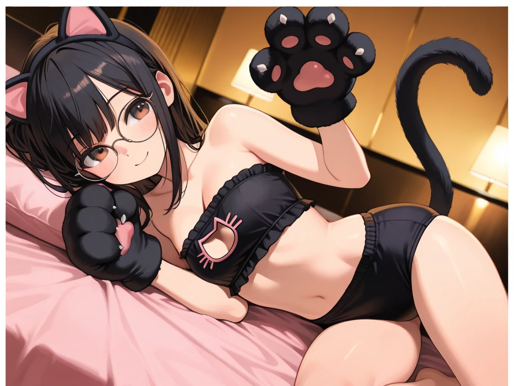 best quality,best resolution,(fluffy anthro furry :1.6),(young :1.6), leopard girl,pink eyes,(brown hair), long hair,wavy hair,leopard ears,leopard fur,small breasts,glasses,(black maid bikini),maid headdress,(black necktie),ruffles,bare belly,bare shoulder,looking at viewer,sex suggestive face,heart eyes,heart expression eyes,upper body only,smile,close eyes,lying on bed,horny scream,sexy pose,spread legs