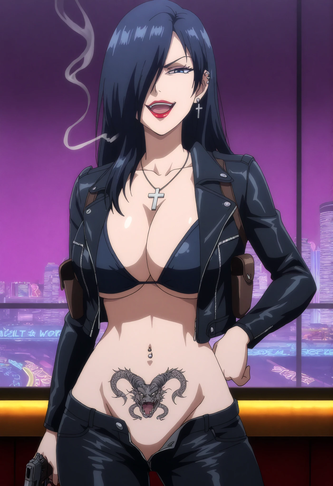 ((score_9, score_8_up, score_7_up, score_6_up), (adult, seductive face, seductive expression), seductive, long straight black hair, big breasts, bra, open leather jacket, unzipped leather pants, eyepatch, red eyes, red lips, eyeliner, earrings, necklace, shadow, soft light, source_anime, rating_explicit,