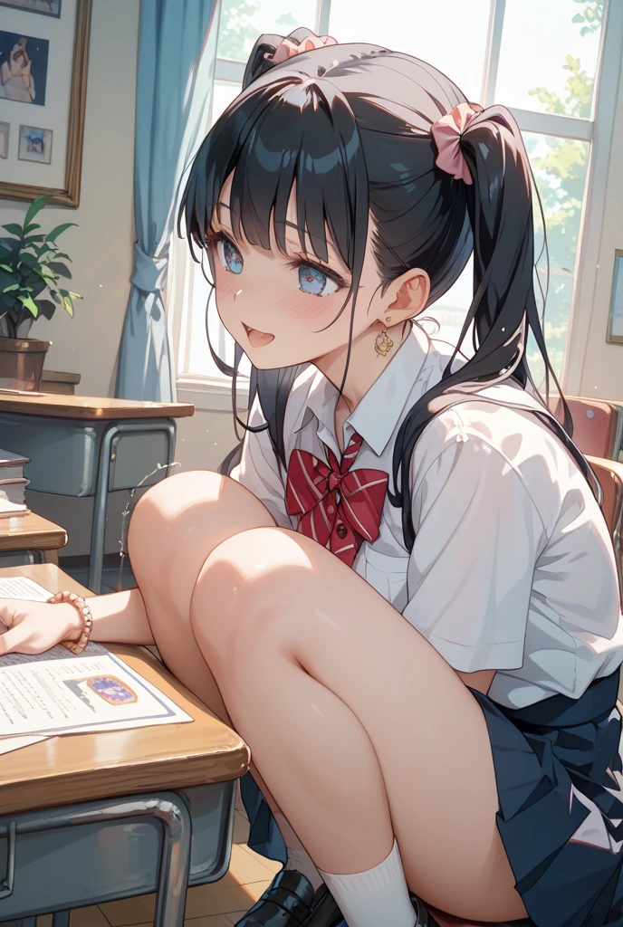 woman、Rio Fish Casual、Tight Skirt、pantyhose、Crouching、Looking up、School classroom