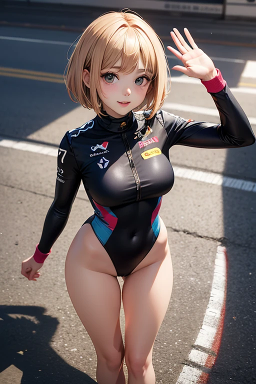 Racing suits,deserts,(Inspired by the Avengers),Short yellow hair,One-piece gel pantachine girl,Safety rating,Huge Ass,(8k,foto RAW,fotorrealista:1,25),(muito brilho labial,lots of eyelasheelhor qualidade,ultra high-res,profundidade de campo,aberration Chromatic,luz ampla,cor natural,Distant pictures(1:2)