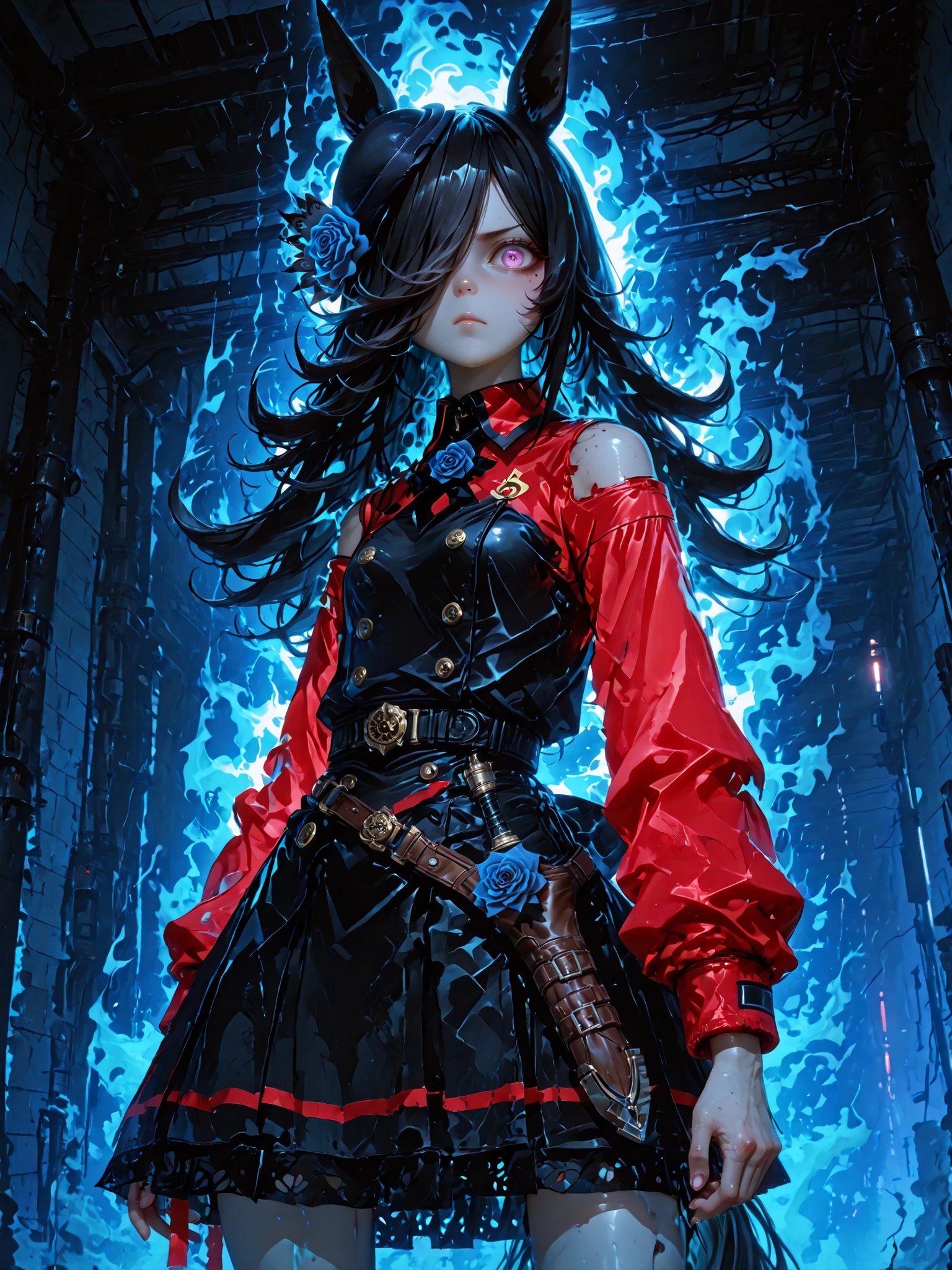 rice shower \(umamusume\), left eye surrounded by swirling blazing blue flame effects with crackling sparks and radiant energy, right eye completely covered by long black hair, wearing her race outfit, black frilly dress with blue rose accents, short skirt, red sleeves, black jockey accessories, intense and determined expression, surrounded by a cool dark blue aura, swirling fighting spirit, hair and outfit flowing with wind, moonlight racetrack in the faint background, cinematic lighting, anime style, highly detailed, 4k resolution, blazing blue flame effects:2.0, detailed flame aura:1.5