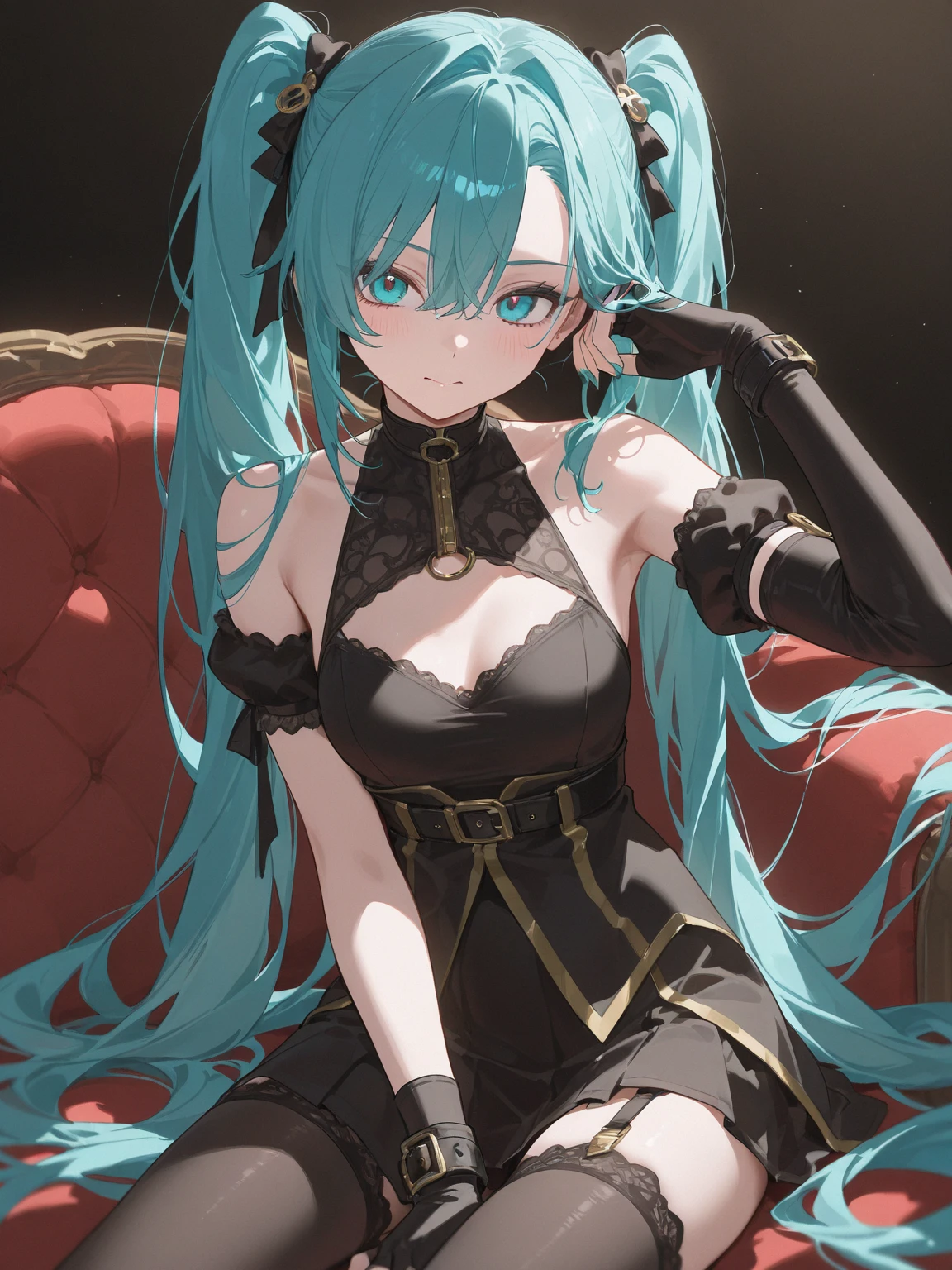 Absurdres masterpiece HDR high quality picture of realistic, 1girl, lime green hair, red eyes, hatsune miku, Disney style evil queen, castle, light particles, light rays from window, wallpaper,