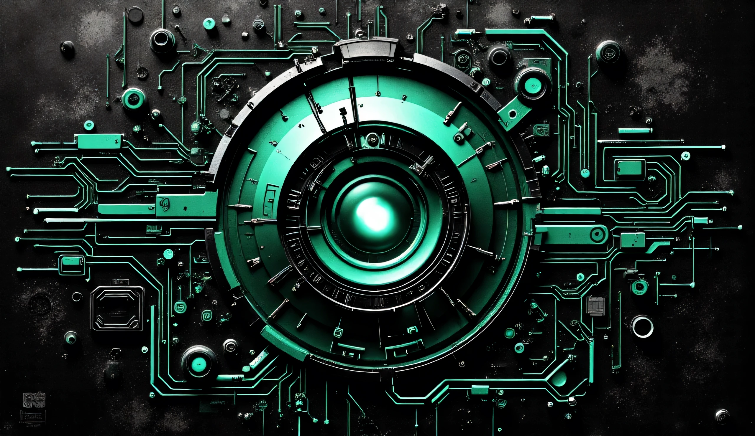 YouTube thumbnail background, 16:9. Dark brushed metal texture. A single, bold, glowing neon green abstract circuit pattern provides a focal point. Minimalist, high-tech, dark mood. Professional graphic design. Ample space for logo and text overlay.