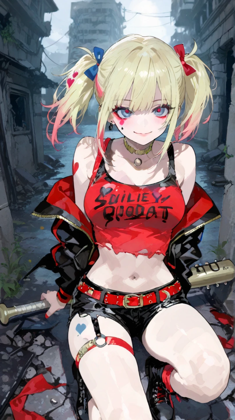 masterpiece, best quality, highres, 1girl, choker crown open jacket short sleeves shorts midriff studded belt fishnets chain gloves bracelet <lora:suicide_squad_isekai_harley_quinn:1> from side, looking at viewer, smile, pointing at viewer