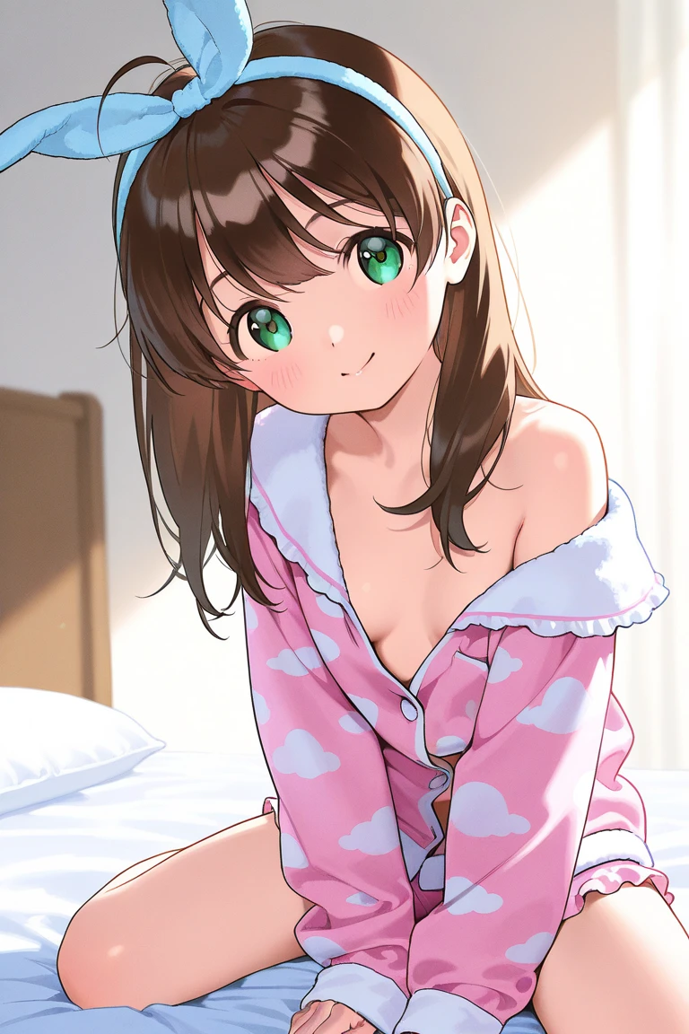 one cute girl, brown hair, blue eyes, (pink pajamas girly), transparent pajamas, in a girl's room, the pajamas are unbuttoned, she smiles, open shoulders, she has little tits, and nice hips, sexy pose, open breasts