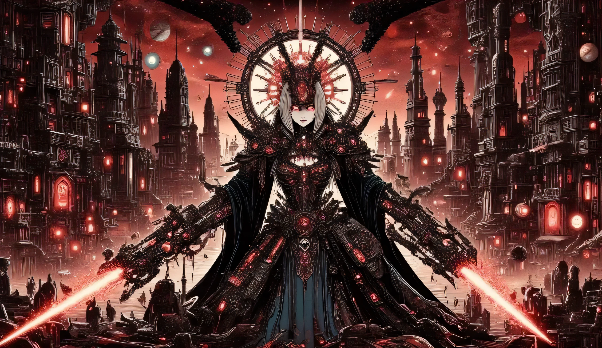 ((RAW Foto), absurd, (absurdresolution)), Meisterwerk, best quality, (best shade), beautiful detailed shine, ((Science-Fiction)), beautiful girl, ta, Smiling, 2, a girl, fit, marked stomach, cawgerl , a red lens , that covered her eyes , , (( holding in their hands two chubby synthetic plasma weapons, , by evaporating from the barrel )), front view, Nahaufnahme, ((Is standing in the middle of the street, between cyberpunk glass buildings )), (Situation: she started a duel and WON ). red sky, Visible planets , visible Milky Way , visible flying saucer ships of the type UFO ., photographic perspective. «SunPuma S»
