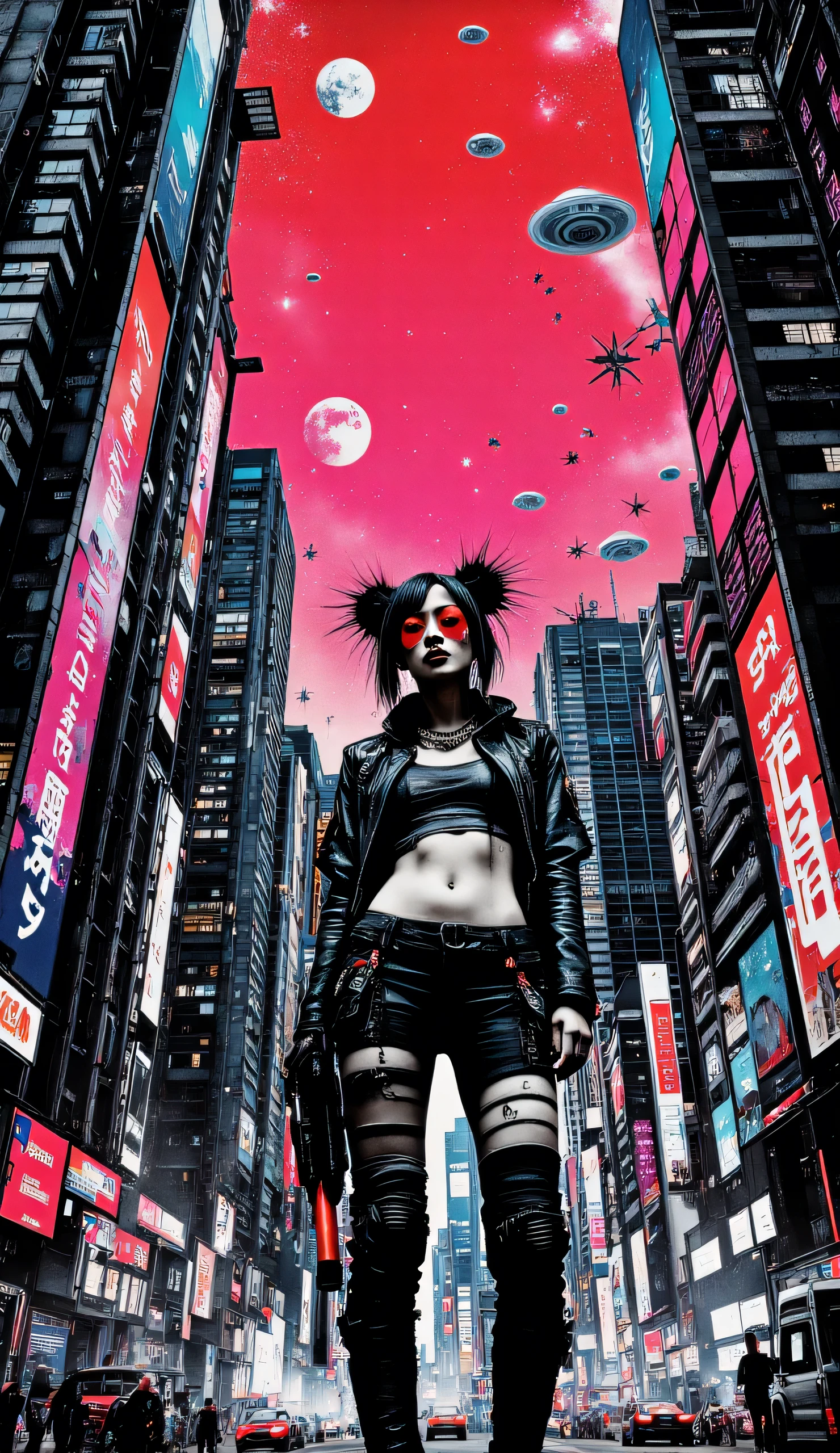 ((RAW Foto), absurd, (absurdresolution)), Meisterwerk, best quality, (best shade), beautiful detailed shine, ((Science-Fiction)), beautiful girl, ta, Smiling, 2,  a girl, fit, marked stomach, cawgerl ,  a red lens ,  that covered her eyes , , (( holding in their hands two chubby synthetic plasma weapons, ,  by evaporating from the barrel  )), front view, Nahaufnahme, ((Is standing in the middle of the street,   between cyberpunk glass buildings  )), (Situation:   she started a duel and WON  ). red sky,  Visible planets ,  visible Milky Way  ,   visible flying saucer ships of the type UFO  ., photographic perspective. «SunPuma S»
