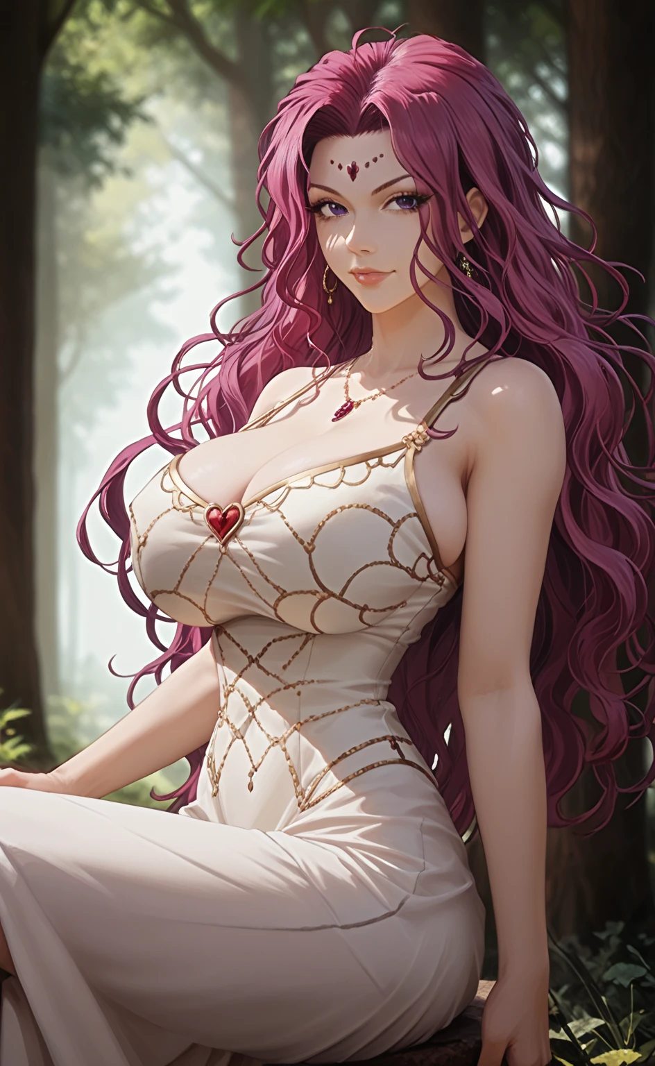 long pink wavy hair and yellow eyes, princess dress and 25 year old girl with breast
