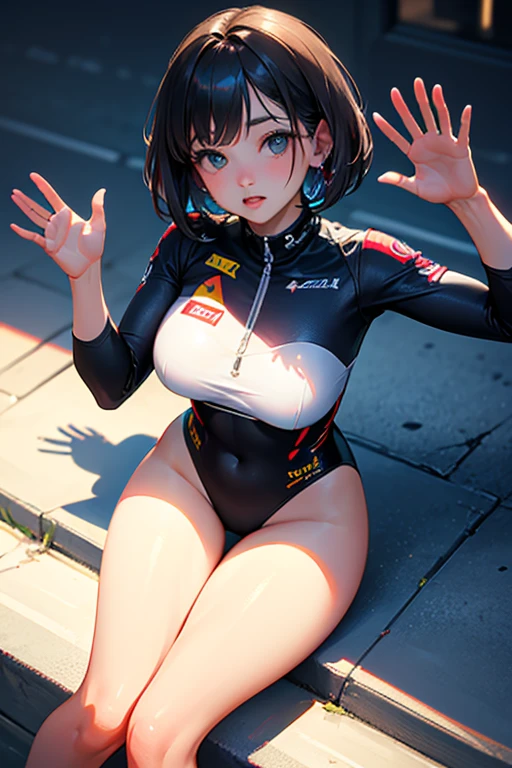 ((Skinny Shark BodySuit, (Stuffed shark head cap)with big WhiteTeeth)), 8k, High-level, absurd, masterpiece, best quality, primitive, very detailed CG, very detailed wallpaper, perfect lighting, Extremely detailed ((( personifying " Shark" as a ))), MysticSight, Tyndall effect, Tyndall scattering, (Studio gray background with (Overflowing oodles Dazzling RainbowColorParticles (BokeH))), (BloodRed short hair, RoundlyButts, Leg Fins installed), (Exposed:0.4), (Assfocus with looking ahead) BREAK (Acutance:0.88), (NOGIZAKA face variations) Extremely Detailed very KAWAII face variations, perfect anatomy, Childish, CaptivatingGaze ElaboratePupils detailed Eyes with (sparkling highlights:1.28), (Voluminous LongEyelashes:0.88)、GlossyRED Lips with beautiful details, RosyCheeks, Radiant PearlSkin with Transparency . { (Dynamic LifeLike expressions:1.4) | (:d) }, (large eyes:-1) . ((animal ears:-1.2))