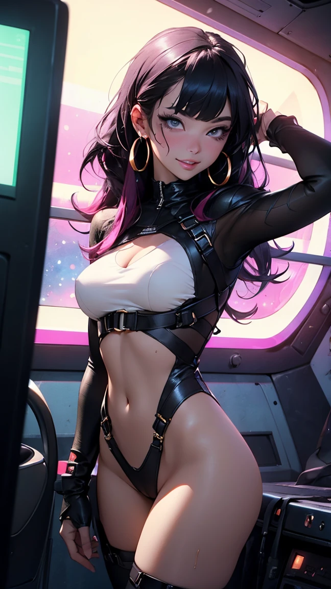 beautiful woman with black hair with pink streaks,big ass, standing, posing, sensual, sexy, realistic, perfect quality, realistic face, realistic eyes,vision behind the ass, sensual lingerie, cosmic nebula stars hair and scene