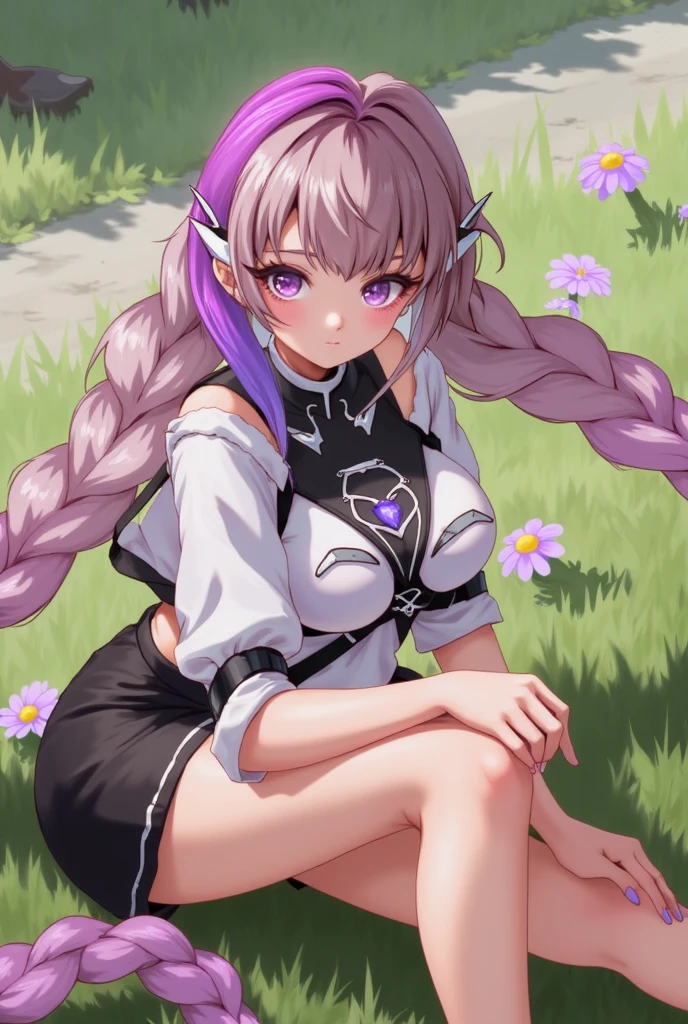 (Prominence in Masterpiece, Best Quality: 1.2), solo, 1 girl,noelle silva, serious, mouth closed, looking at viewer, hand on face, sitting, legs crossed, collared shirt, tie up, skirt, stockings , big thighs, big breasts)