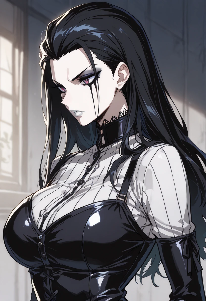 thick outlines, comics, photorealistic, perfect hands, masterpiece:1.2, jail, detention center, 1girl, solo, thin, <lora:guilty-nikke-richy-v5:0.7>, guilty \(nikke\), white bodysuit, chains, handcuffs, open gloves, collar, two-tone hair, green and black hair, pink eyes, big breast, detailed background, detailed face, detailed eyes, <lora:add_detail:0.7>