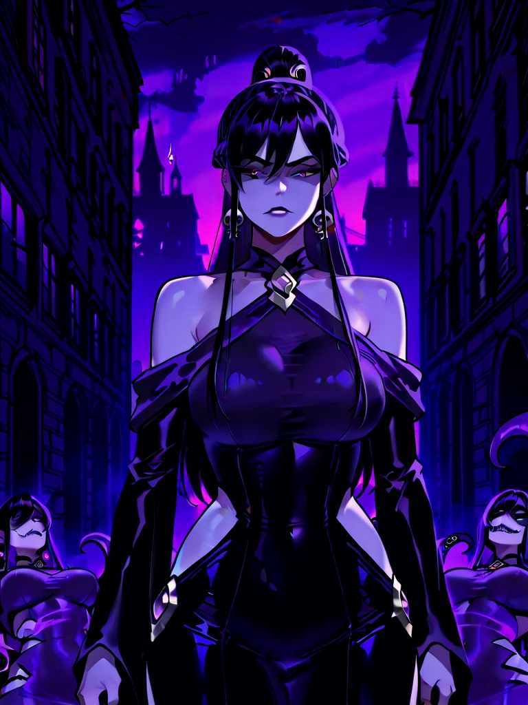 mulher alta, Madura 30 anos de idade, Her skin is totally purple in color, pele de cor roxa, your eyes are red, Her hair is dark red, ela usa um batom rosa claro, She has a pointed black crown that has several purple jewels on it, She is in her castle, In the bedroom of his dystopian medieval castle, The castle is black and gloomy, It has poor clarity and is naturally obscure.., distopia, (((Bodysuit preto |, pintado em, totalmente coberto, couro preto))), (((Bodysuit preto |, pintado em, totalmente coberto, couro preto))), ((((seios gigantescos)))), Her breasts are giant, ((((Assinatura Grande)))), ((((Pawns)))), seus peitos tem silicone, Extraordinary big boobs, coxas grossas e inchadas, ((((corpo grande)))), corpo inchado, coxas firmes, dele ((((The ass is huge)))), ((((bunda gigante)))), Bundona, bunda siliconada, ((((expression would be)))) {artistic work} {melhor qualidade} {4K HD | |} {distopia}