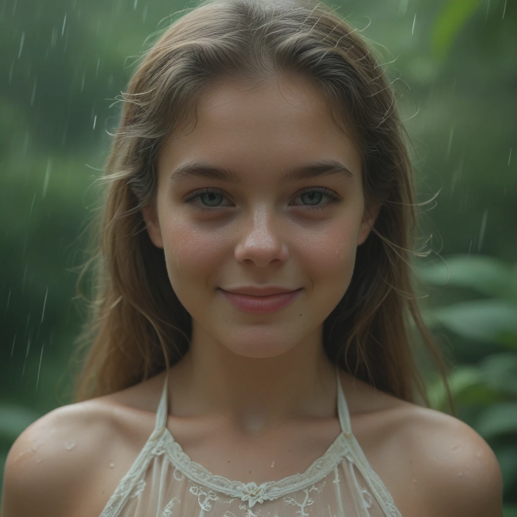 portrait of a cute woman, she is standing waist-deep in the river, a wet translucent nightgown, a wreath of wild flowers floats along the river, a beautiful sweet face, a shy smile, reeds, (backlighting), realistic, masterpiece, highest quality, lens flare, shade, bloom, [[chromatic aberration]], by Jeremy Lipking, by Antonio J. Manzanedo, digital painting