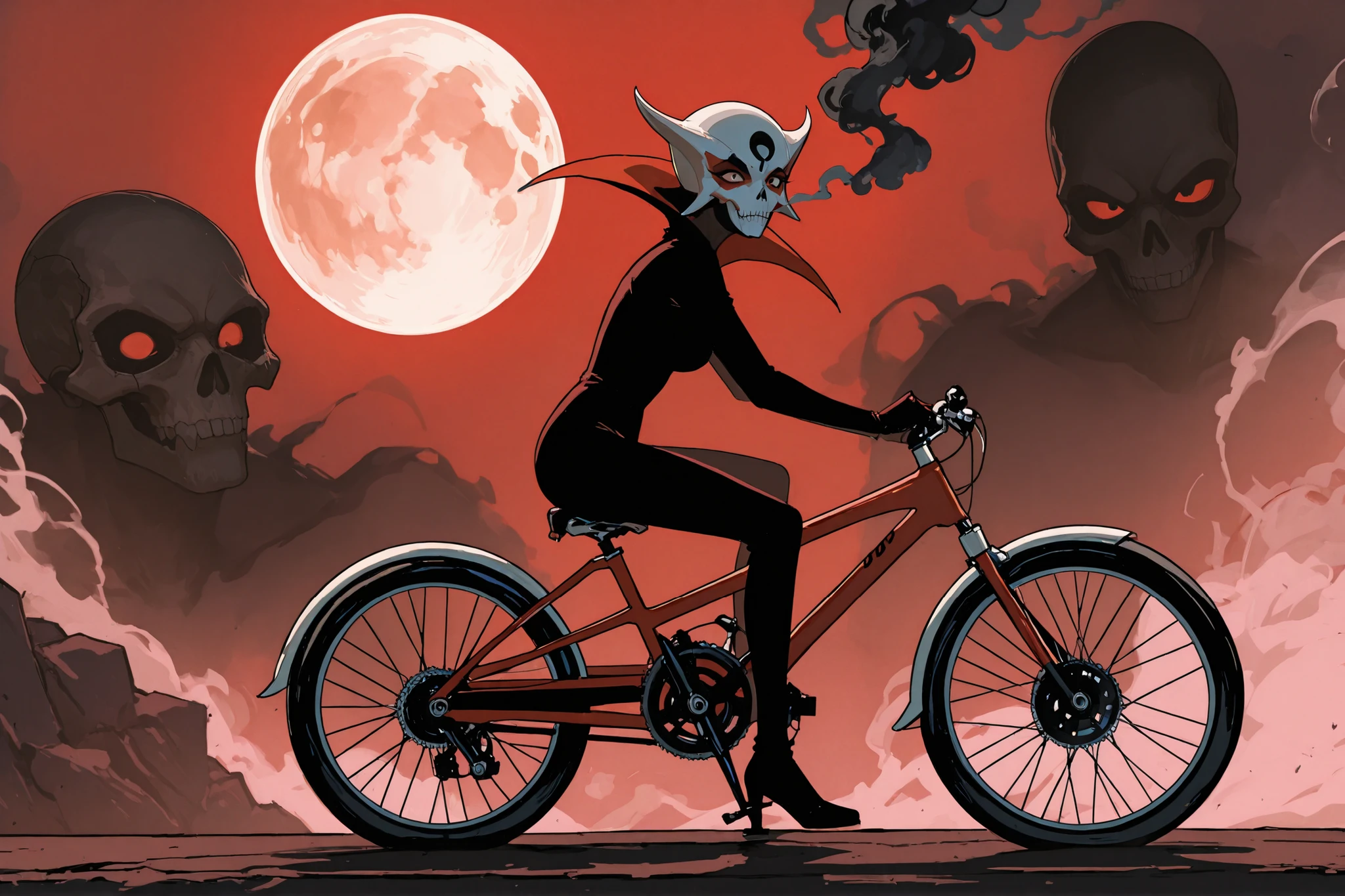 cool beauty Doronjo and two subordinates riding a red three-seater bicycle (the two subordinates (one skinny and one fat) are drawn in shadow), background windy wilderness, huge skull-shaped smoke like a full moon, funny manga style, ultra detailed, absolutely resolution, masterpiece