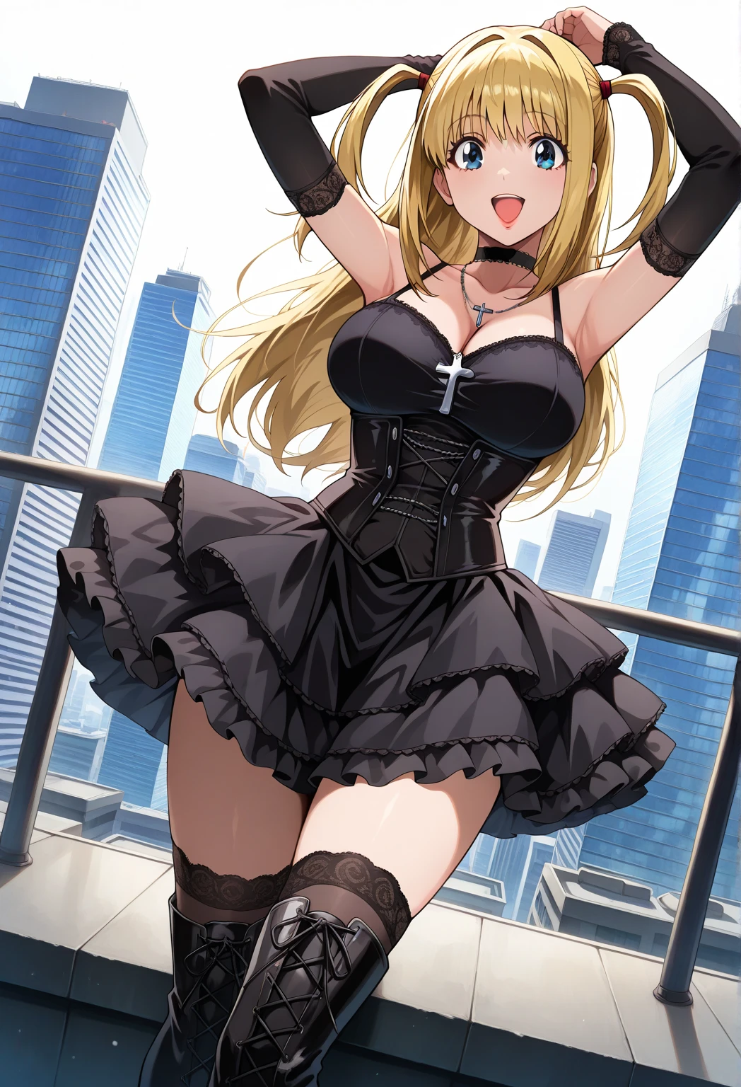 1 girl, detailed blue eyes, lange wimpern, detailed beautiful face, twintails, (very Long blonde hair:1.4), festgebunden, (arms behind back:1.6), gefesselte Arme, (blushing:1.3), (Big boobs:1.1), OTN, White OTN gag, Gag, gagged, bound knees and ankles, shibari over clothes, (black skirt, White crop top:1.4), standing in a beach night Club, many people around, tied gag, nah aufnahmen, skirt lift