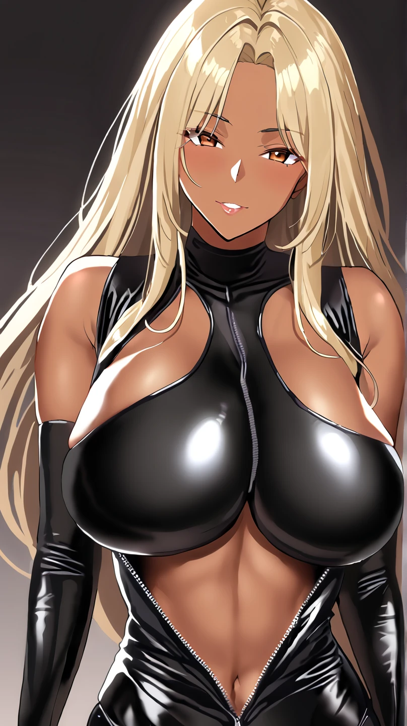 Long Hair,Blonde,ponytail,(Hair on one eye:0.8),(Dark Skinned female:1.2), (Dark Skin:1.1),Bodysuits,Big Breasts,Shiny skin,White background