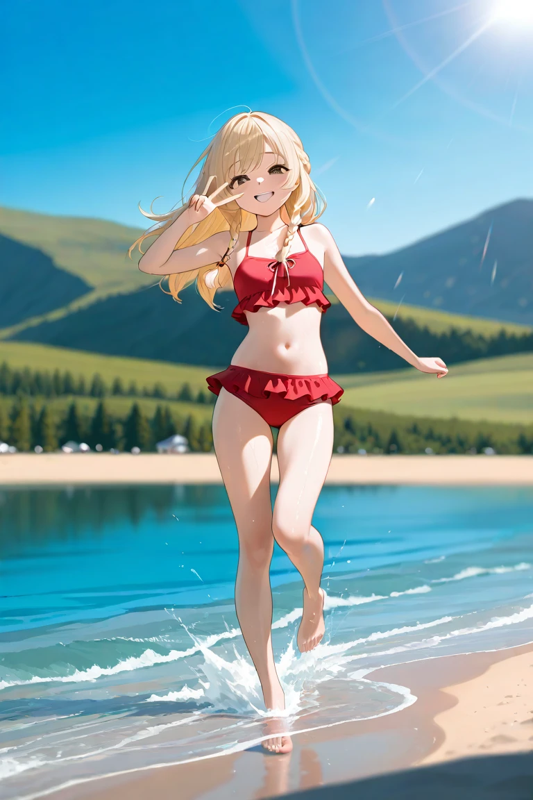 1girl(blond short hair, braid, red bikini, blue eyes, tall, tan skin, barefoot, light smile), sea,