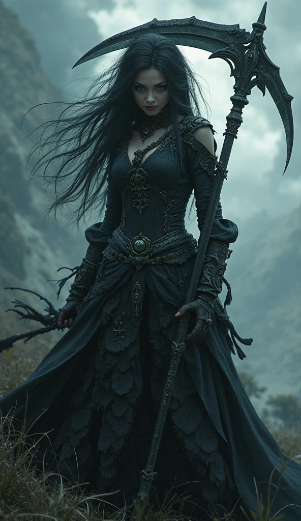 Words "infinite" Write in large letters at the bottom of the screen., A girl wielding huge scythe, The sickle was bigger than her body., ((Masterpiece, Highest quality, Highest picture quality, high resolution, realistic, raw photos, 8ก)), ((A collection of 8K CG wallpapers that are very detailed.)), (Shoot a huge amazing goddess., Very hot and sexy, jaw-dropping beauty, perfect proportions, beautiful body, slim body beauty:1.4), A girl wielding huge scythe, Movie Poster, (huge scythe:1.5),