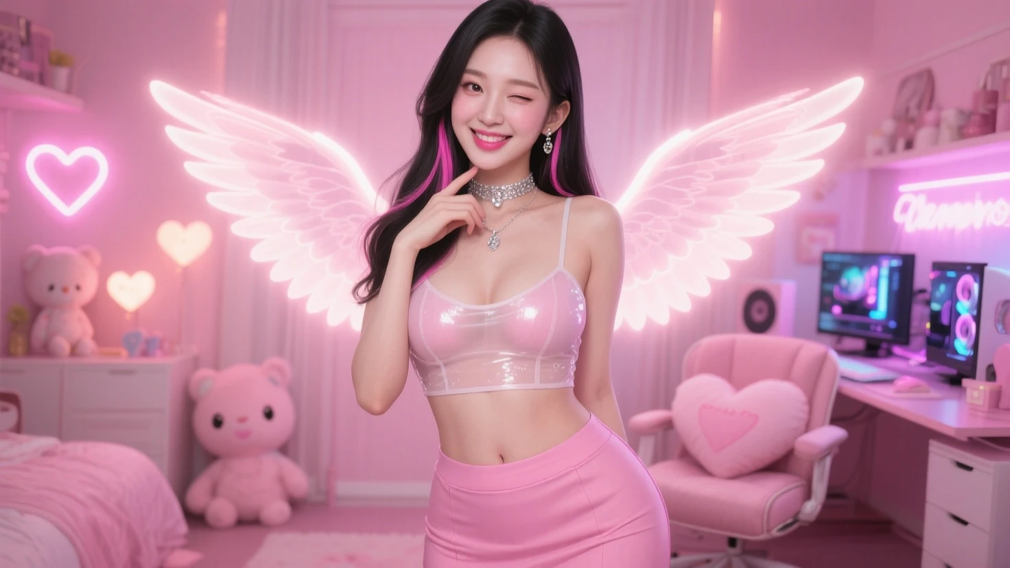 ((Masterpiece)), 1girl, super detailed face, hyper-realistic, transparent pink bodysuit, pink crop top, pink gloves, ((angelic face)), ((incredibly beautiful eyes)), (heterochromia), full body, sailor moon boots, super sexy hair, delicate and perfect hands, super delicate and sexy body, sexy pose, ((ulzzang)), (super thin face), delicate features, ultra detailed, best quality, captivating beauty, sexy look, futuristic background