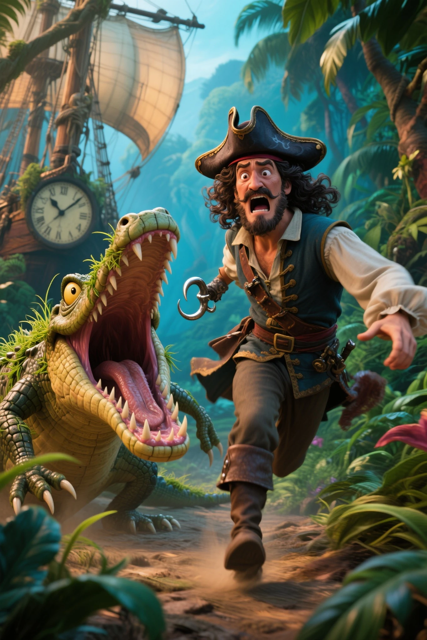 in the Peter Pan story、and cinematic lighting(Crocodile)and driven by fear,チクタクCrocodile,チクタクと音を立てている大きなCrocodileで、trying to bite with his mouth wide open,Captain Hook wears a 17th century pirate costume Dramatic scene of Captain Hook running after、右手は過去にCrocodileに食べられて替わりに義手替わりにフックを取り付けている,pirate hat,with long, dark curly hair fluttering,mustache and beard,middle-aged man,fearful expression,The background is a rich jungle near a pirate ship,Fantastic Vibes,Crocodileの背中には花や草が生えていて魔法的な性質を強調,Vivid Colors, dynamic movement ,detailed expression,and cinematic lighting,フック船長はpirate hat子を被る,Captain Hook's beard and mustache,