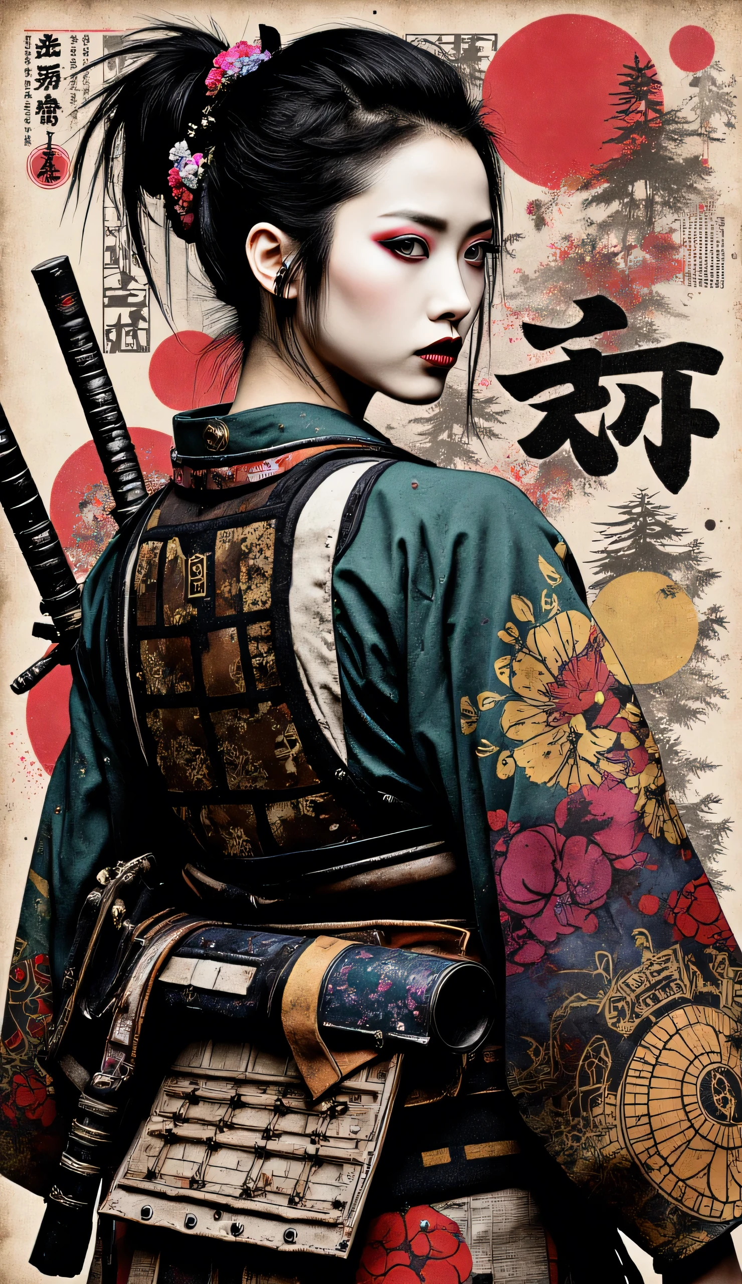Ultrarealistic portrait photography of a young samurai woman in National Geographic style, highly detailed , photorealistic portrait of a young samurai woman, facial expressive, resolutely looking, traditional Japanese armor, Sword belt, Kimono, realistic skin details, Lively eyes, flawless lighting, 8K, HDR, deep depth of field, natural color palette , warm tones, National Geographic aesthetics, studio photography, professional lighting