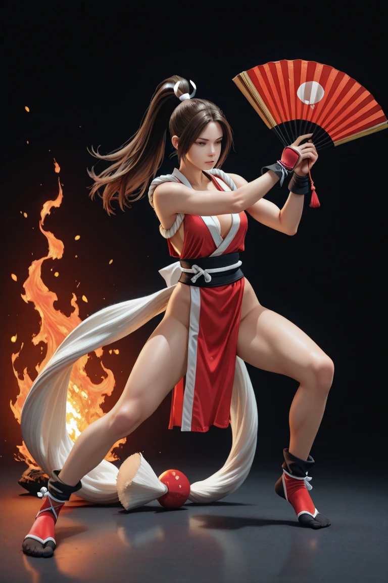 Mai Shiranui in Mai Shiranui's cosplay sexy suit holding fire fans, Depict female character in the midst of dynamic action. This could be an action hero, an athlete, or someone engaged in an exciting activity that highlights their physical prowess., kotegawa yui, backview, soft pale white skin, Focus on capturing the curves, lines, and contours in a way that emphasizes their aesthetic beauty. add depth and complexity to the painting, NSFW Combine elements of surrealism with your portrait by incorporating dreamlike and symbolic elements that convey a deeper meaning or narrative. Experiment with portraying the dynamic nature of emotions. Use swirling, flowing fire, or kinetic fire brushwork to depict the movement of emotions within the portrait. full body shoot