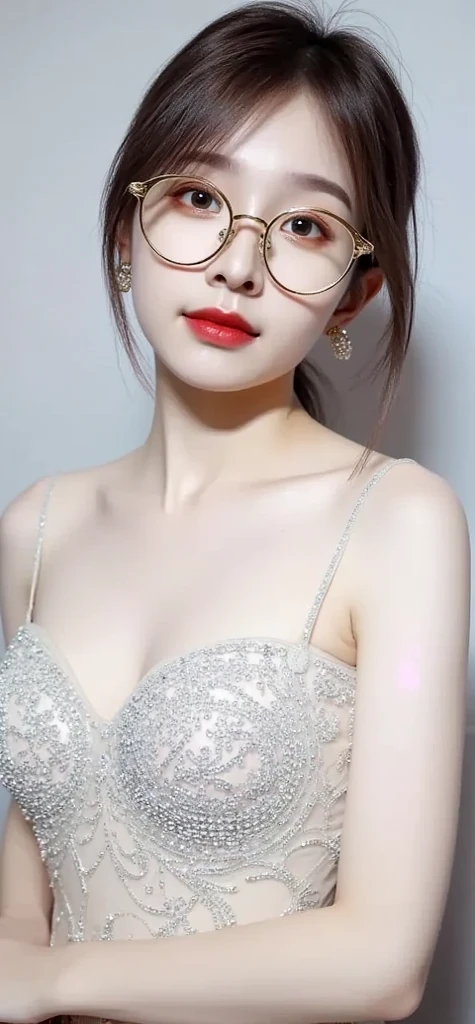 (Canon RF85mm f/1.2), (8K, RAW photos, best quality), (masterpiece), (Practical, photograph Practical), (Extremely detailed, High Detail, Best image quality, Very detailed, high resolution, Very detailed, Extremely detailed的描述, Super Fine, Extremely exquisite and beautiful work), Beautiful and delicate girl, Solo Girl, ((Perfect body)), Very detailed eyes and face, White skin, Noble and beautiful, ((The skin texture is delicate, Pores)), Perfect anatomical structure, Beautiful body, Delicate face, Slim abdominal muscles, Slim waist), Big buttocks, (Large Breasts, Breast enlargement), (Clive Arch), (Affectionate gaze, soulful eyes, Glowing eyes), (Beautiful clear eyes), (Bounce Curly Messy Long Hair), (Smile:1.2), (Fascinated expression), (Beautiful appearance), ((Low-cut,Wedding dress,No Sling,Show your shoulders,Huge breasts)), ((Tight Fit)), ((bud)), ((wear glasses)), earrings, necklace, ((night)), ((Street View, moonlight)), Physically Based Rendering, Realistic lighting, (((Upper Body))), ((Looking at the audience)), ((Everlasting)), ((Happy and shy))