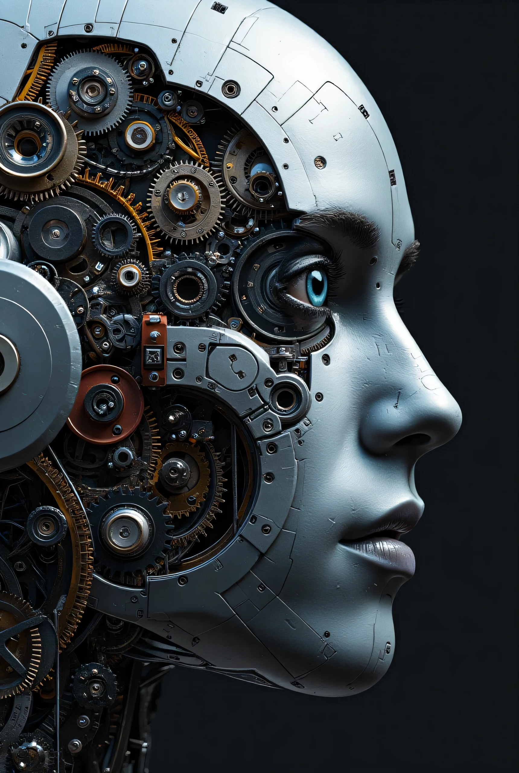 ultra detailed, absolutely resolved, masterpiece, highly detailed, Sharp Focus, vivid colors, soft lighting, cinematographic composition, Close-up of a humanoid robot with a face, which consists of countless different mechanical parts and human-like eyeballs, cybernetic laserlike black eye, brilliantly plated, extremely delicate presentation, extremely clear image , 2.5D, Artistic photography, hyperrealistic