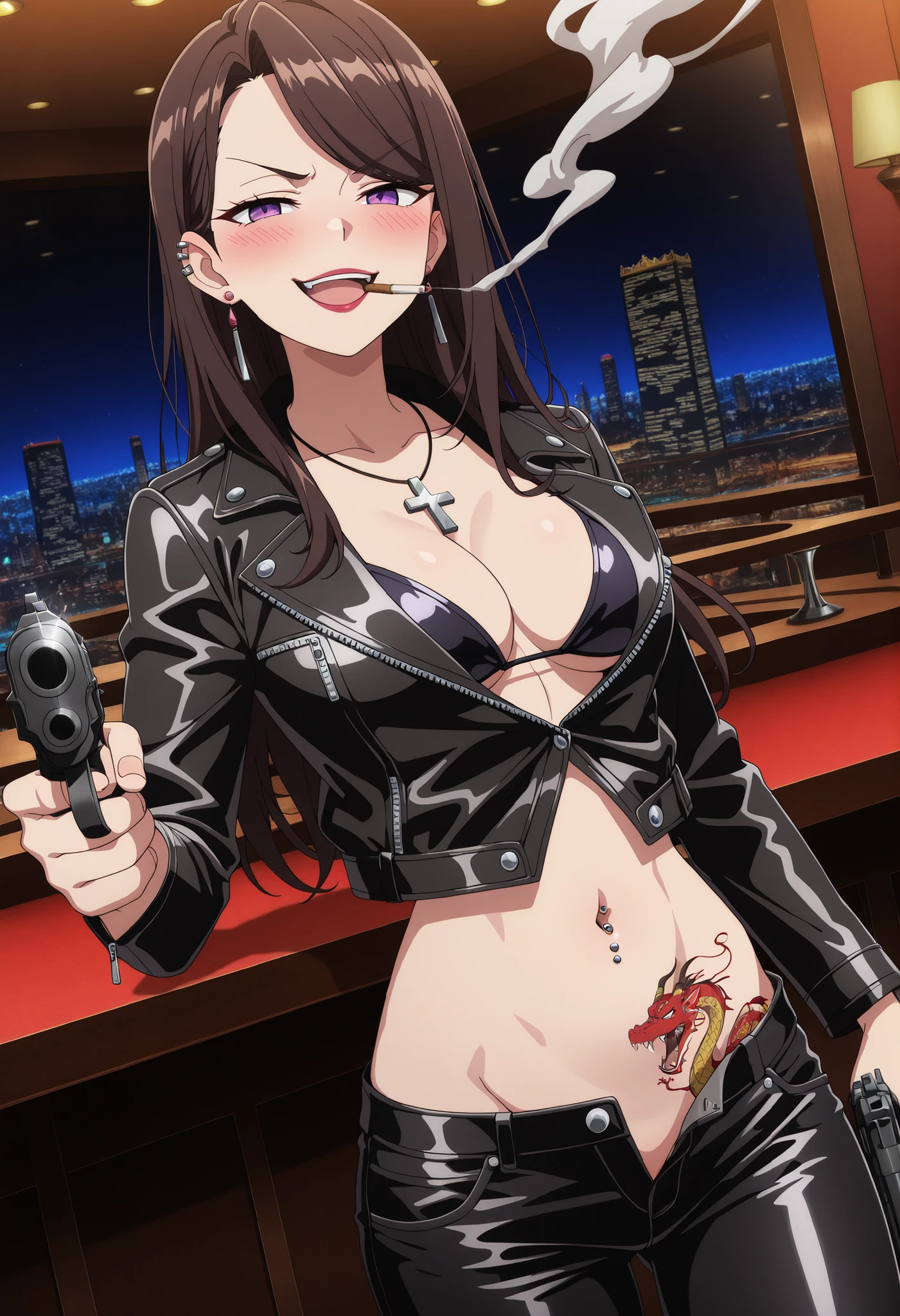 masterpiece, best quality, amazing quality, 1girl,
 KJOasis, brown hair, purple eyes,   swept bangs, lipstick, 
, serious,  looking at viewer, slim belly,
cross necklace,,, open mouth, cowboy shot,, ear piercing, long hair, blush, lipstick,Hot girl, baddie, smoking, sensual, attractive ,,bar background, inside bar, indoors, cityscape, casino, nightclub, city lights,, masterpiece, best quality, highly detailed, a girls with a gun, evil smile , open mouth, sexy gaze, badass pose , evil smile, smile, (nsfw) not safe for work, guns blazing, anime girl with long hair, beautiful long haired girl, navel, evil expression, exposed belly, exposed navel, exposed midriff, exposed lower belly, long black pants, cleavage, unbuttoned leather pants ,open fly, low rise black leather pants, leather jacket, holding a gun, holding pistol, navel piercing , ,unbuttoned shirt, collared shirt, knot, pull_down leather pants,(show off panties,:1.2, no panties), pull_down long black pants, pull_down black leather pants, zip up leather jacket,bikini top, ,medium breast ,looking at viewer , dragon tattoo on waist, narrowed eyes, tattoo on waist, anipai_style , anime screencap , anime coloring, v-shape eyebrows,