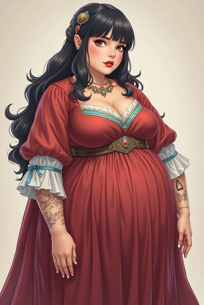long black hair, posing in a medieval square, pregnant, big breasts.
