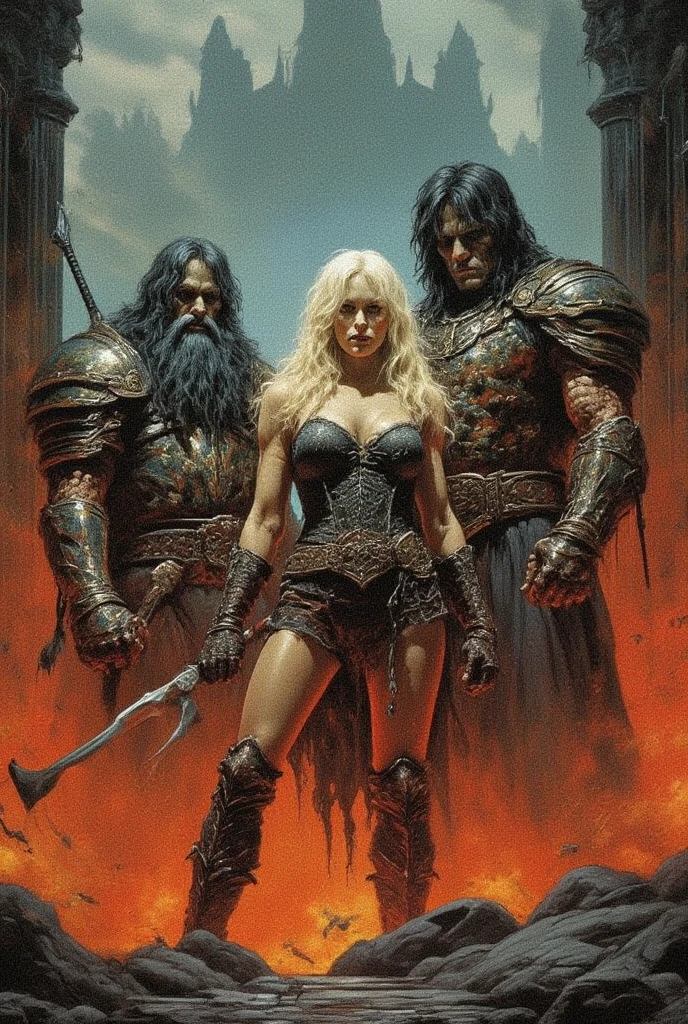 painting of a couple of people sitting on a throne with a large axe, mark brooks frank frazetta, tyler edlin fantasy art, by Tim Hildebrandt, by Johannes Helgeson, female viking, by Greg Hildebrandt, adrian smith fantasy art, norse goddess, by Tim and Greg Hildebrandt, barbarian, michael whelan and karol bak, by Daniel Ljunggren