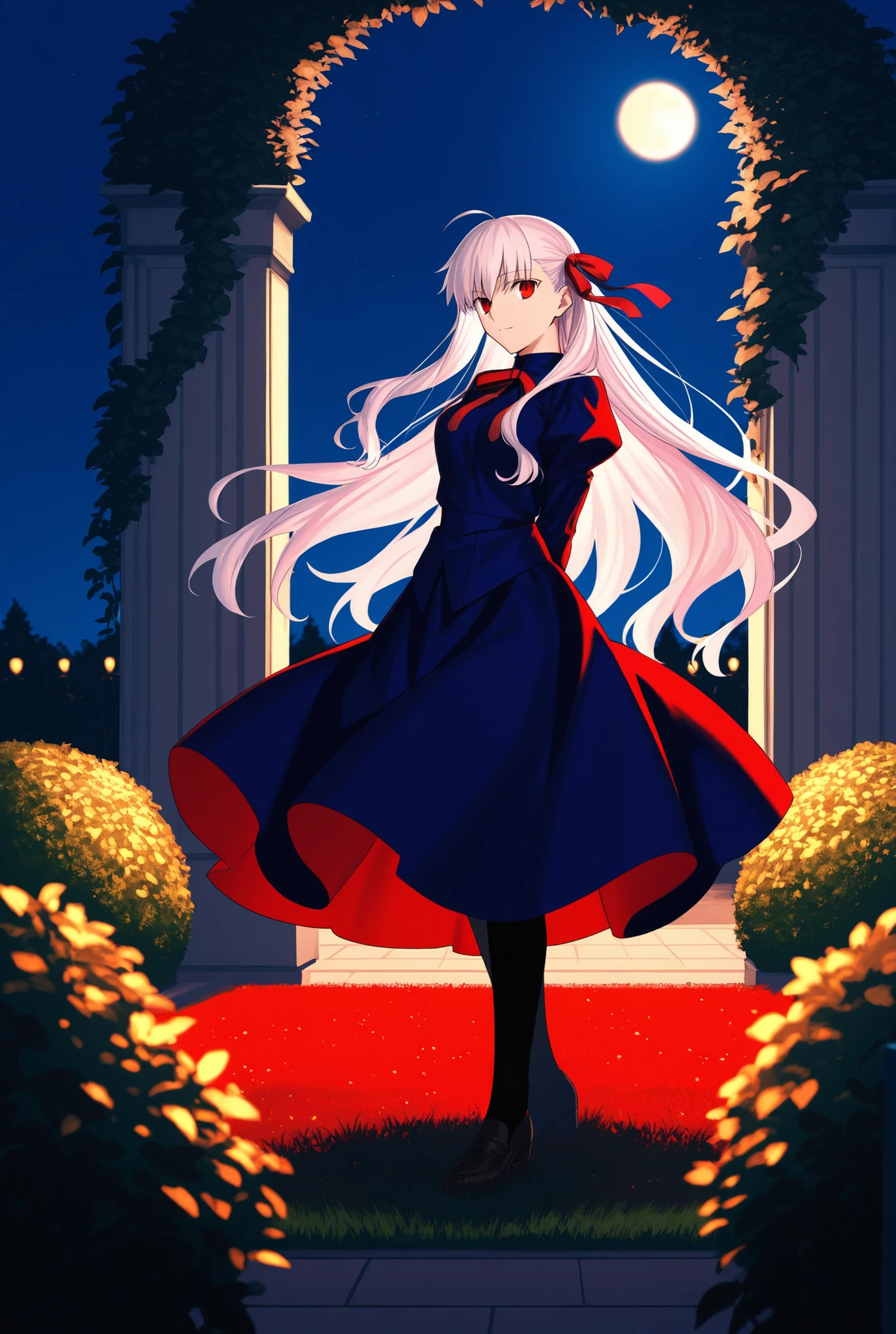 Fate/stay nightの黒桜，The color of the ribbon is red，Standing in a garden on a moonlit night