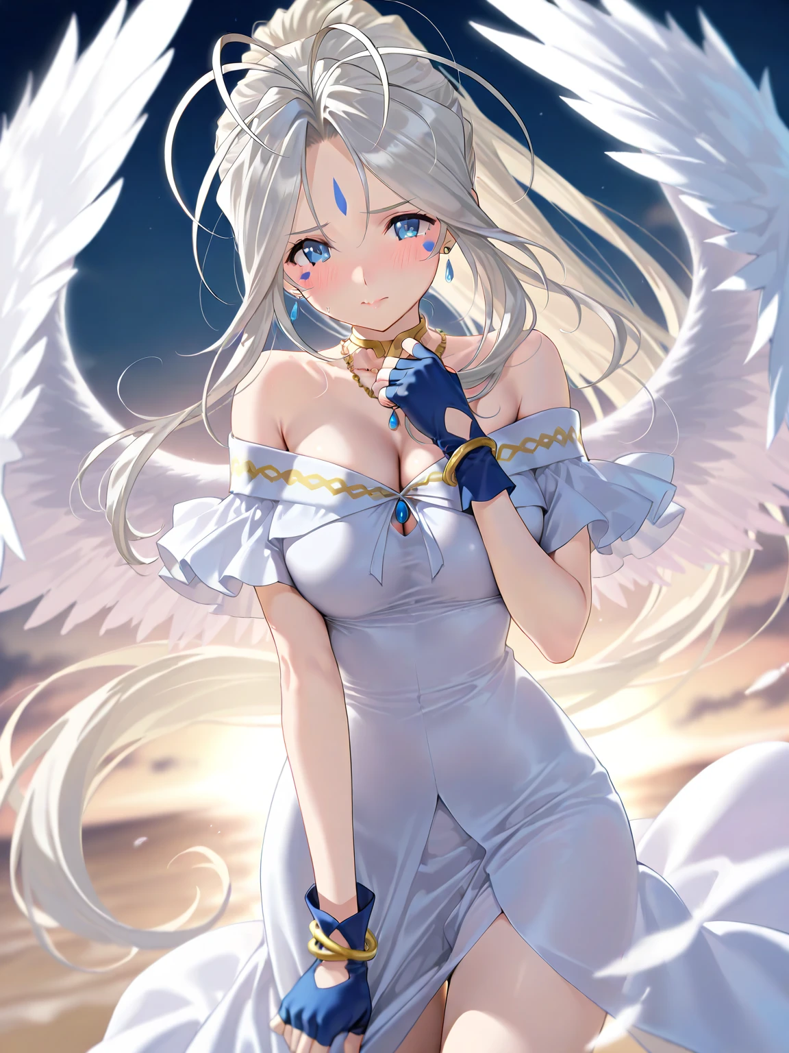 , leprechaun, white hair: long, blue eyes, small breasts, vest, garter, hair accessories, seductive smile, gaze, head tilt, behind arms, (slim), (thin legs: open legs), high detail, best quality, masterpiece, detailed ice, cumulonimbus clouds, beautiful details glow, ice crystal textured wings