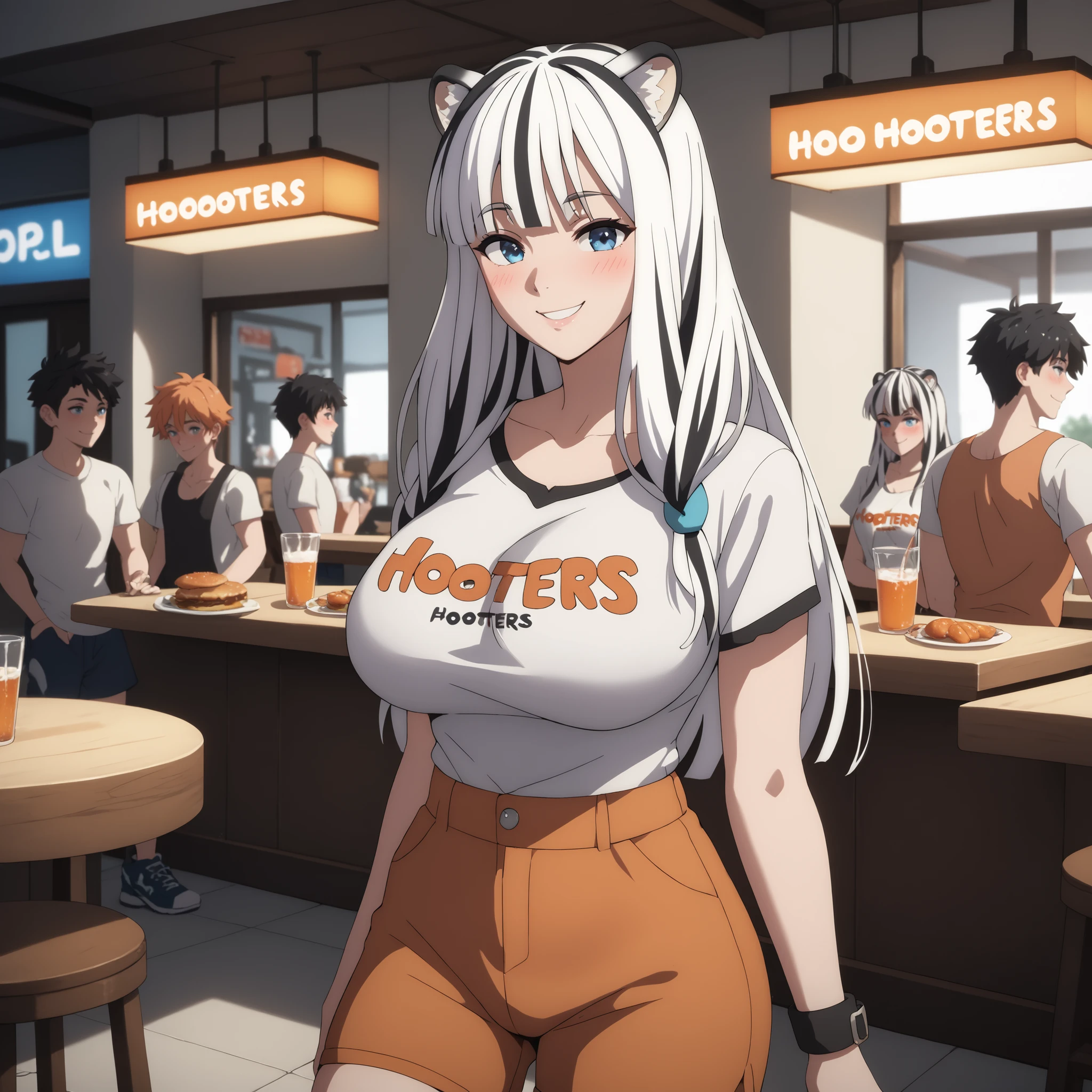 "atla, Her long hair, white with black stripes like the fur of a white tiger, Her white tiger ears move in the cool breeze, detailed blue eyes , charming smile. blush , He wears a white shirt with the letters Hooters written on it in orange. wears tight orange shorts and white sneakers.. is standing with her hands at her sides walking through an outdoor restaurant. soft, warm lighting highlights her skin and hair. Anime-style, High-quality, ultra-detailed art, 4k, soft shadows, and vibrant lighting effects. (large breasts). Perfect skin with no scars. Focus on the breasts.